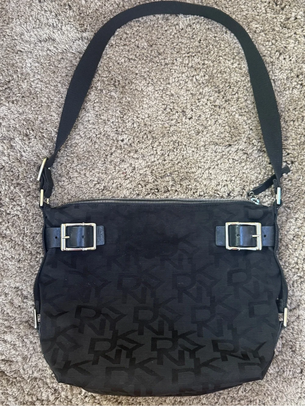 DKNY Black Monogram Messenger Bag with Gold Buckle Accents